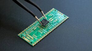 Placa de circuito impresso (PCB) sendo manuseada com pinça