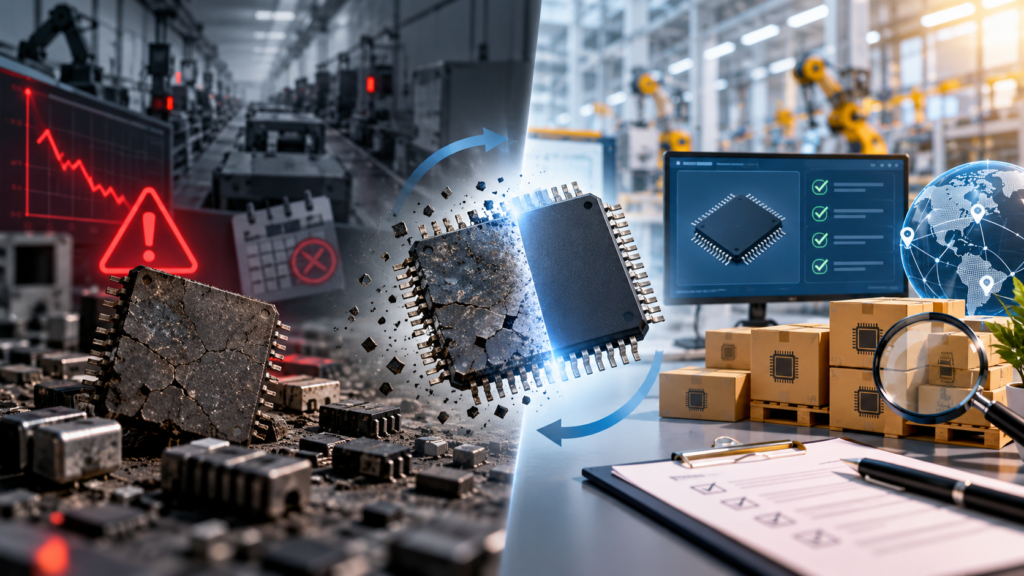 Componente eletrônico deteriorado em uma linha de produção parada, ao lado de um chip novo em uma fábrica organizada, ilustrando o risco da obsolescência de componentes